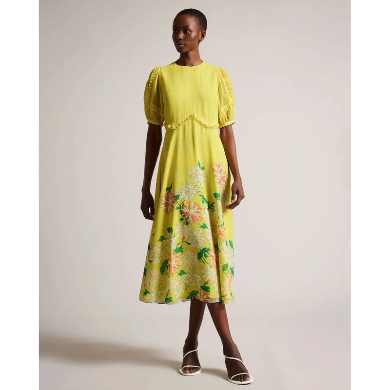 CAIRNNN Midi Tea Dress With Puff Sleeve Mid Yellow