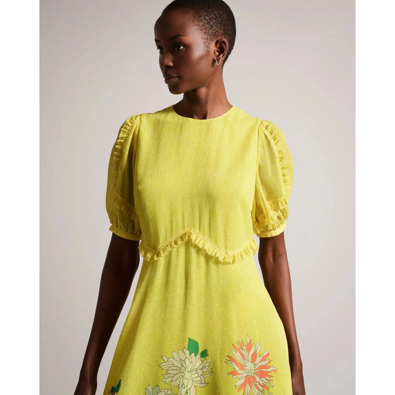 CAIRNNN Midi Tea Dress With Puff Sleeve Mid Yellow