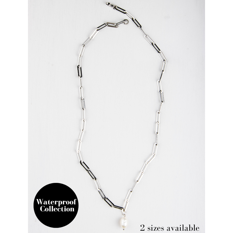 Lydia Waterproof Paperlink Pearl Necklace Silver Plated