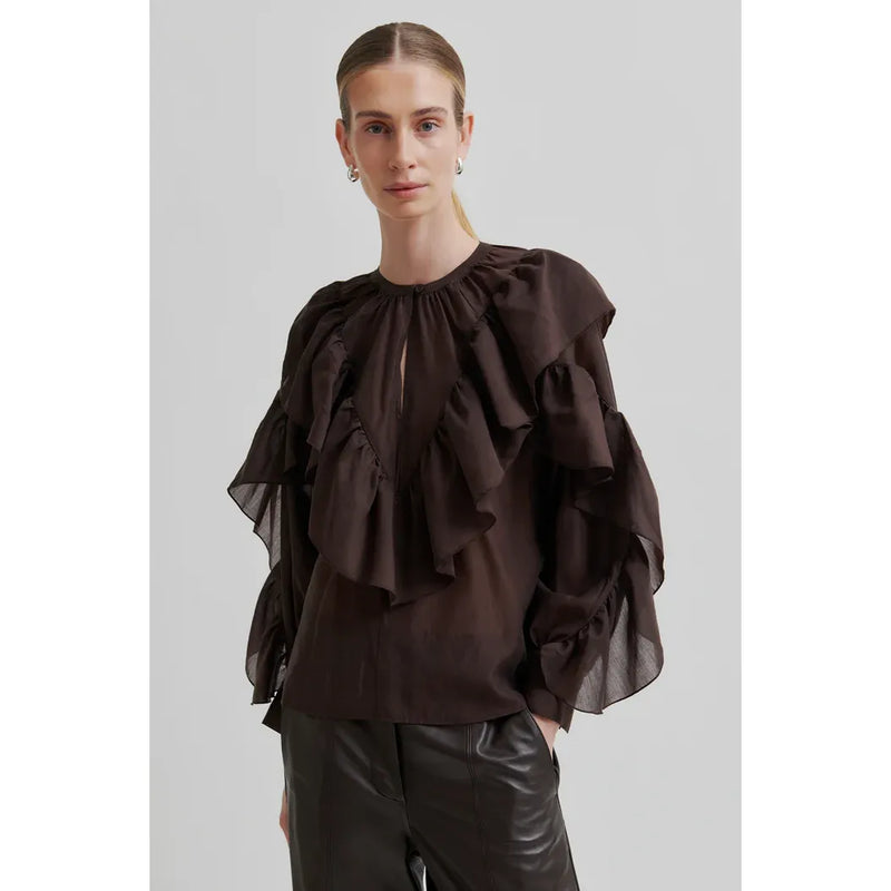 Fria Frill Blouse Plum Brown