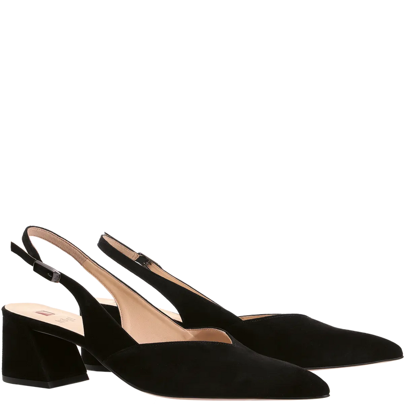 Laura Pointed Block Heel Sling Back Shoe Suede Black