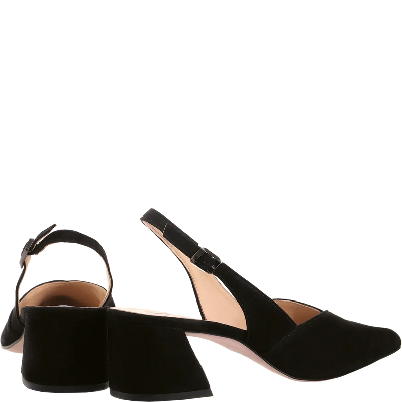 Laura Pointed Block Heel Sling Back Shoe Suede Black