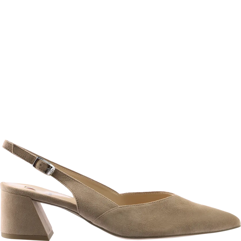 Laura  Pointed Block Heel Sling Back Shoe Suede Taupe