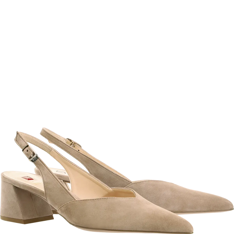 Laura  Pointed Block Heel Sling Back Shoe Suede Taupe