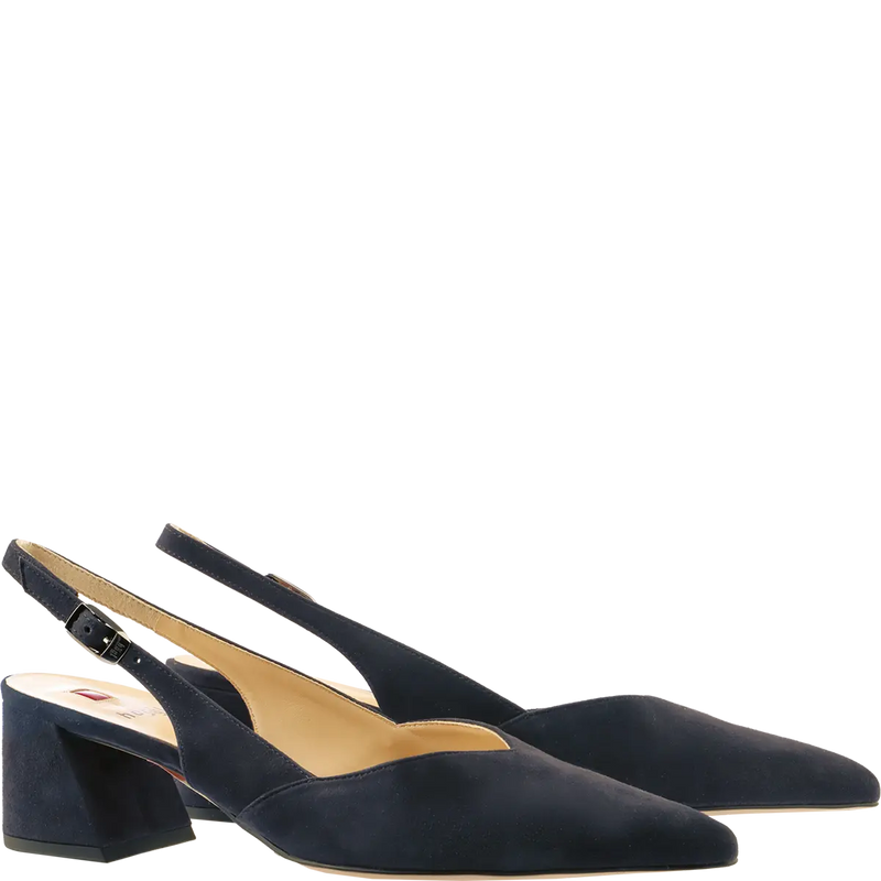 Laura Pointed Block Heel Sling Back Shoe Suede Navy