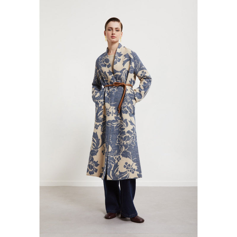 Wrap Printed Belted Coat Cream/Blue