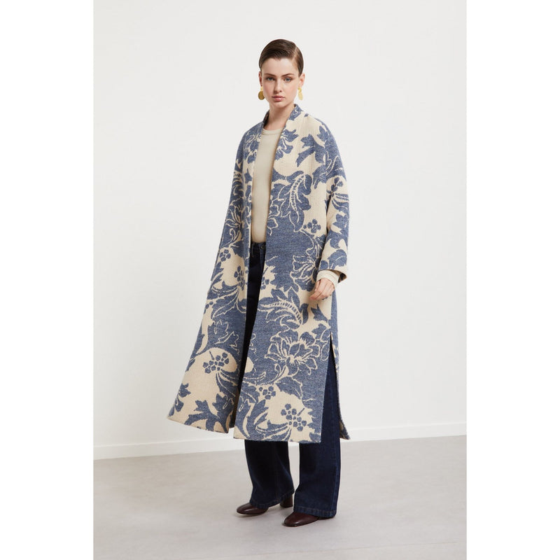 Wrap Printed Belted Coat Cream/Blue