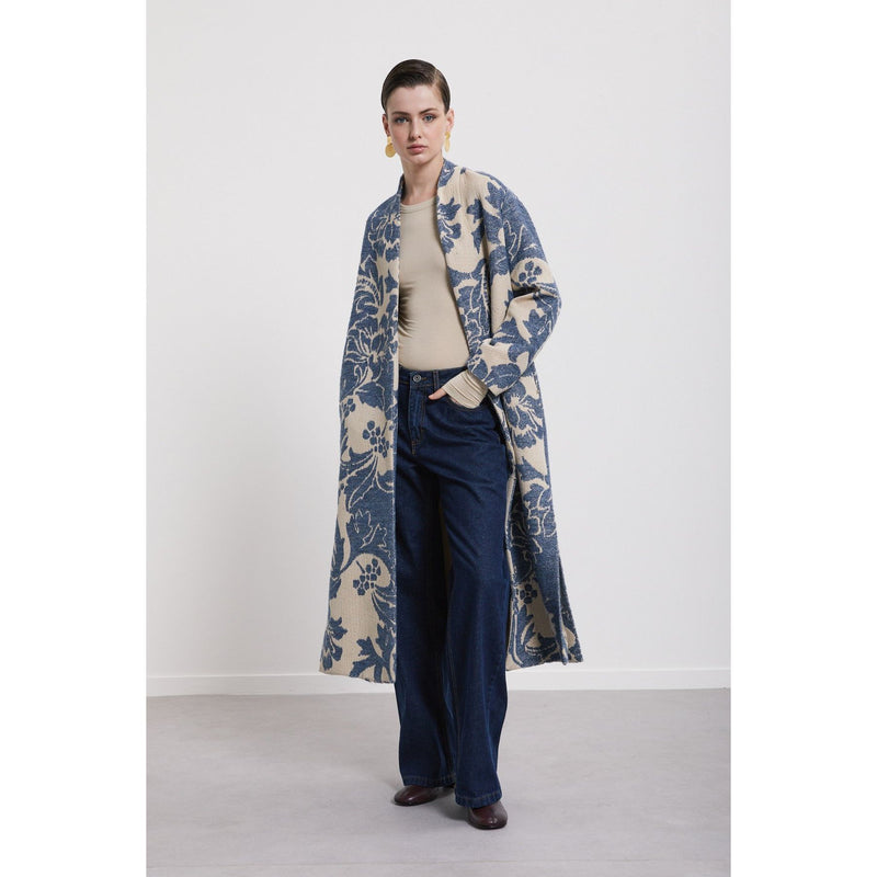 Wrap Printed Belted Coat Cream/Blue