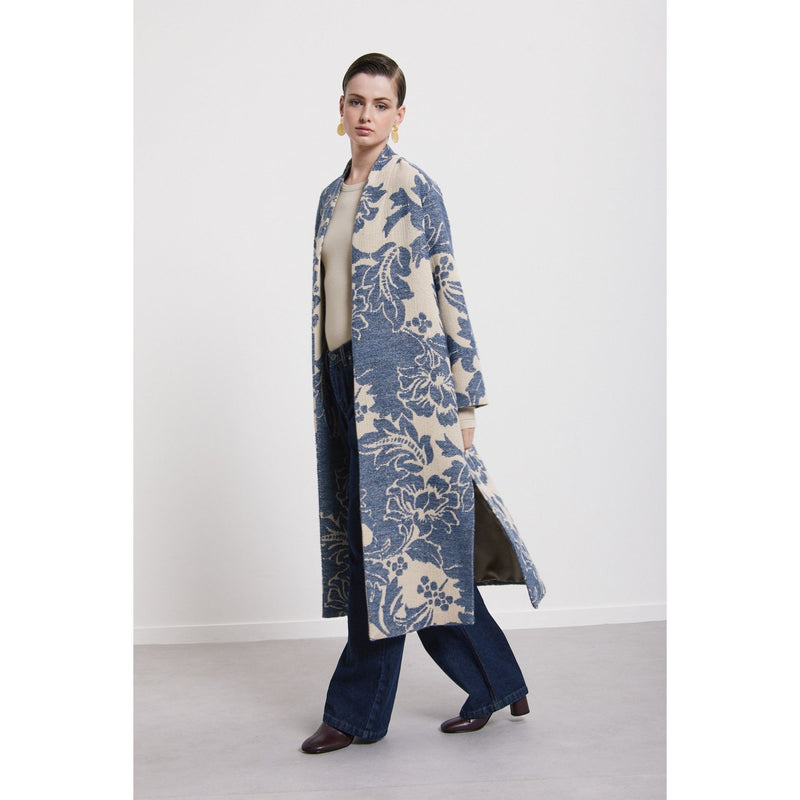 Wrap Printed Belted Coat Cream/Blue