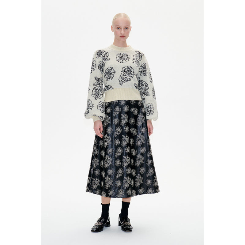 SHARI Floral Stitch Midi Skirt Black