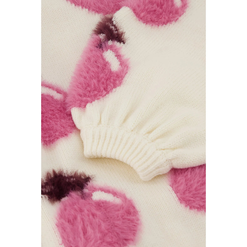 Apple Motif Fluffy Pullover Jumper White/Pink