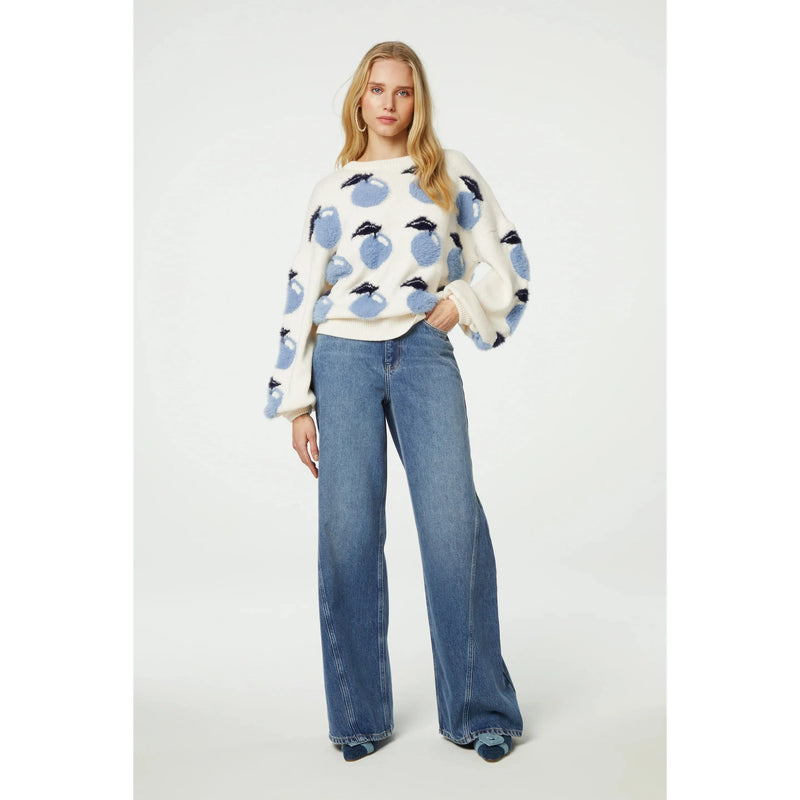 Apple Motif Fluffy Pullover Jumper White/Blue