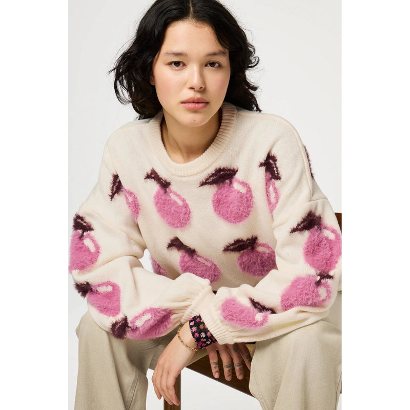 Apple Motif Fluffy Pullover Jumper White/Pink