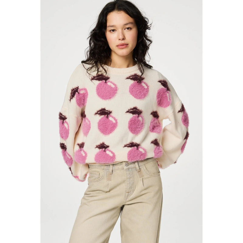 Apple Motif Fluffy Pullover Jumper White/Pink