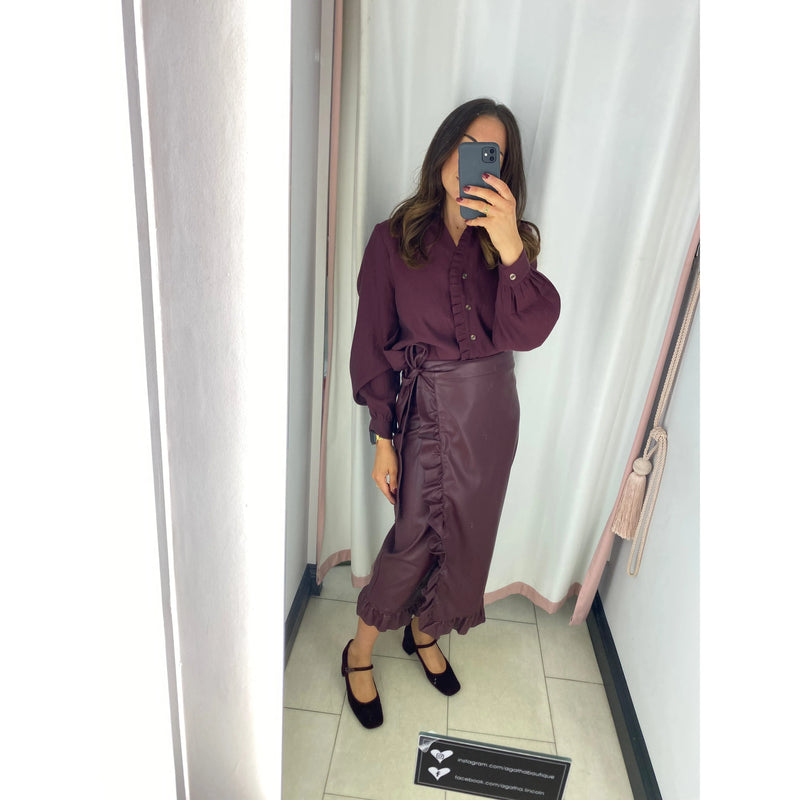 Vegan Leather Ruffle Jaspre Skirt Wine
