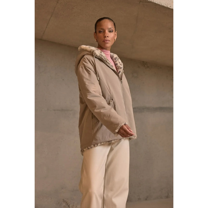 Ines Reversible Jacket With Hood Light Pebble Green/Leopard