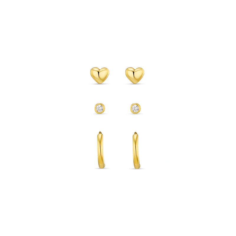 Domed Heart Crystal Stud and Micro Stud Earring Pack Gold