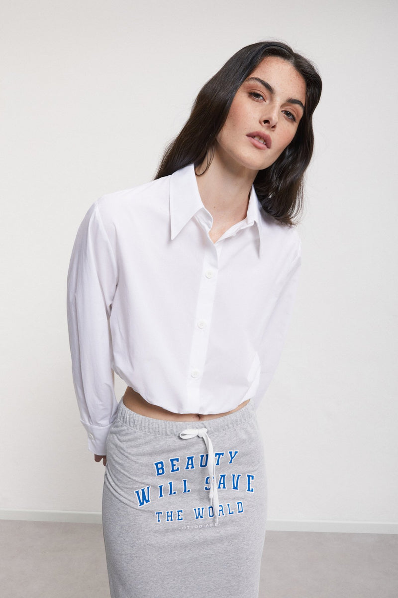 100% Cotton Cropped Drawstring Shirt White