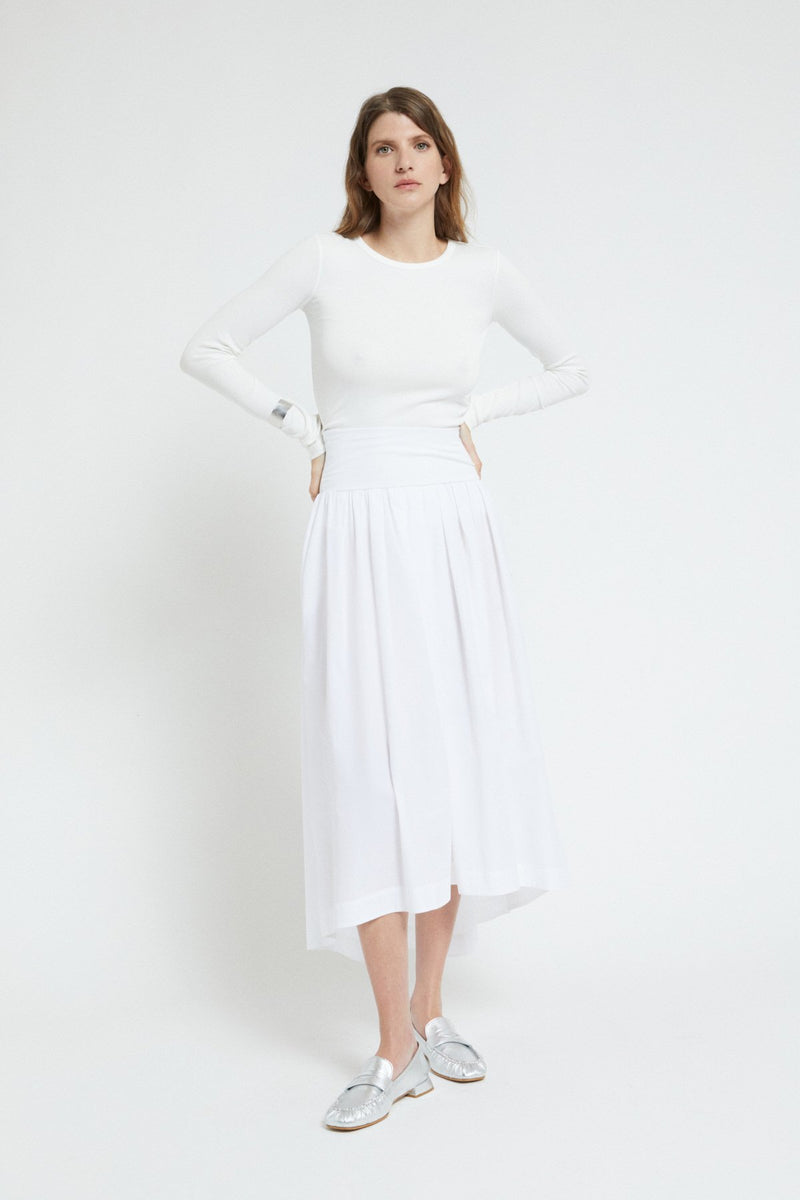 Elasticated Jersey Cotton Midi Skirt White