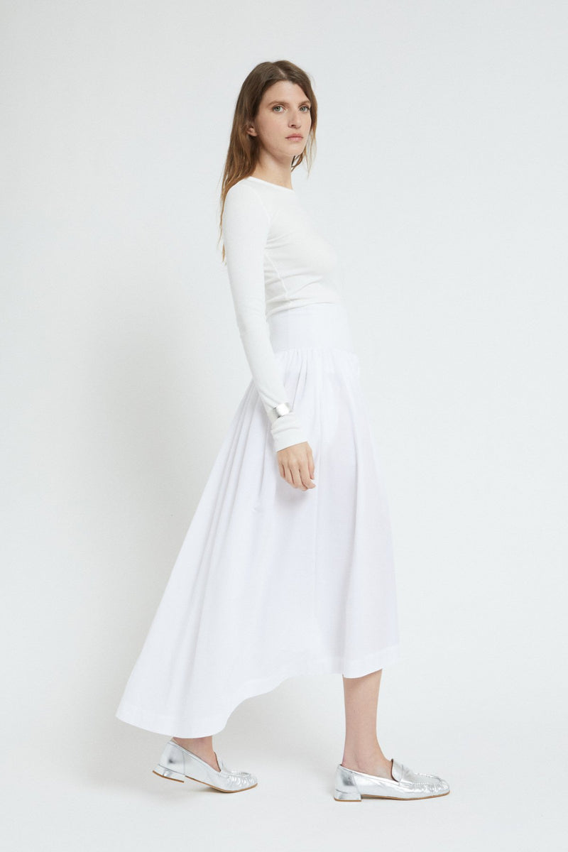 Elasticated Jersey Cotton Midi Skirt White