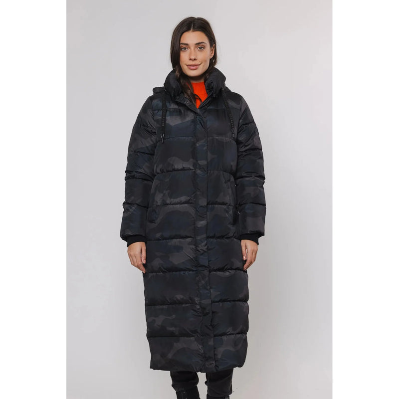 Roza Midi Length Printed Coat with Hood Camouflage