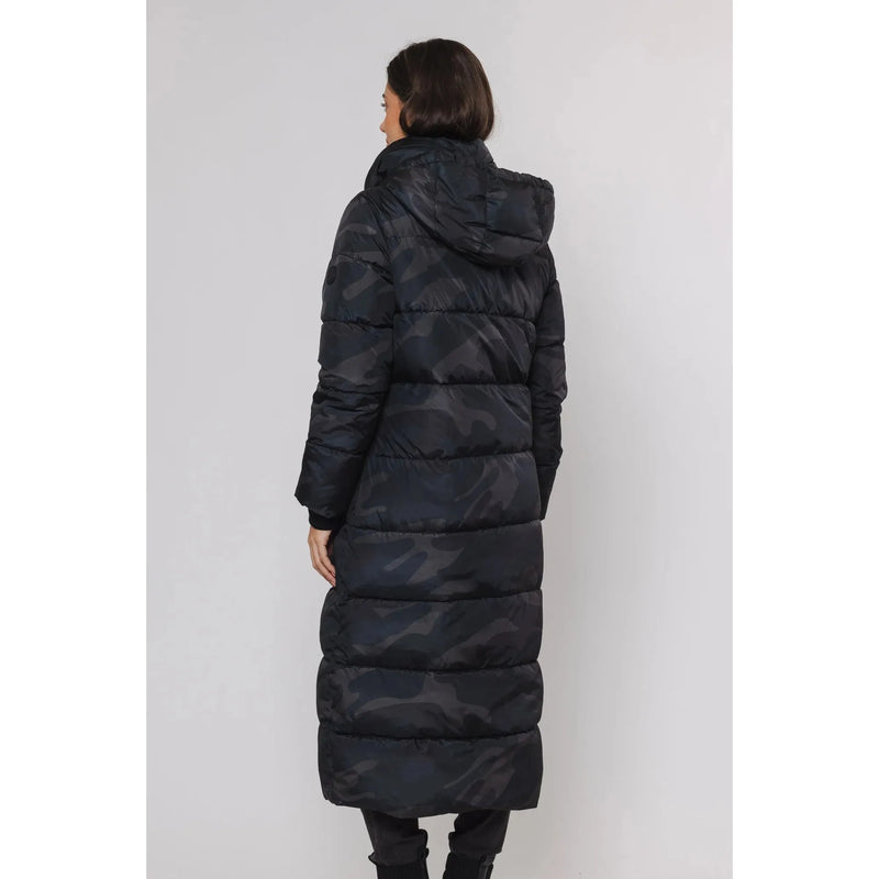 Roza Midi Length Printed Coat with Hood Camouflage