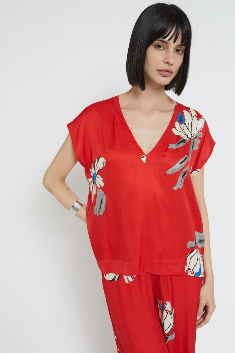 Floral Short Sleeve Viscose Blouse Red