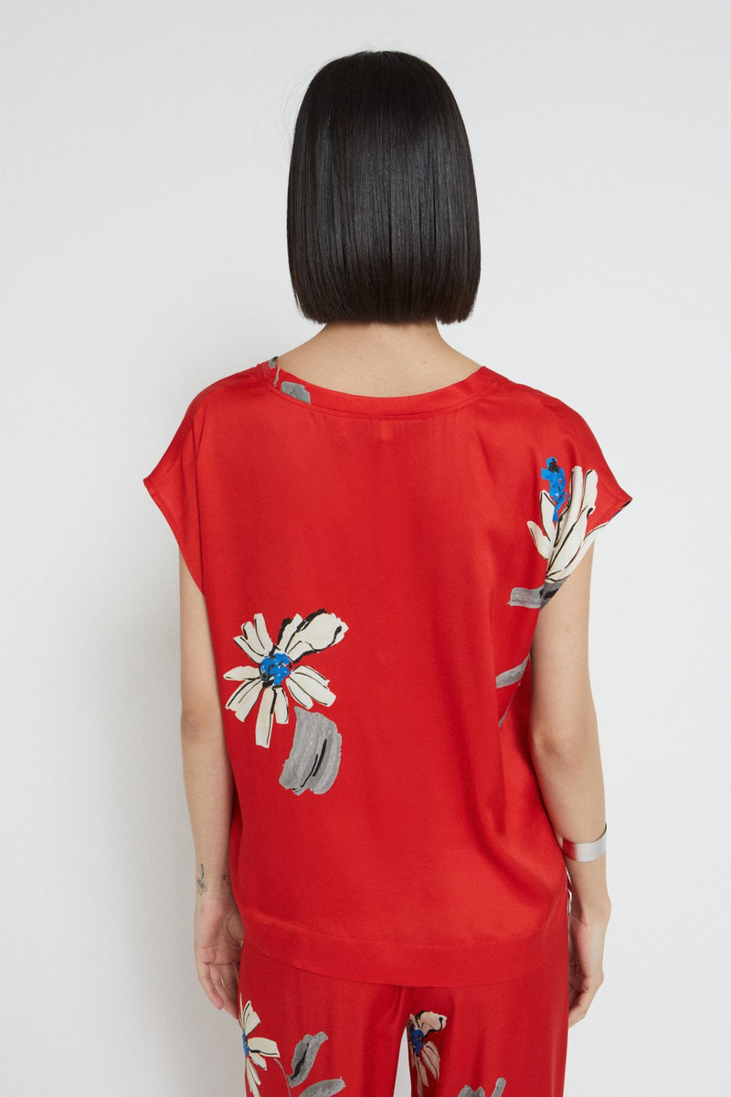 Floral Short Sleeve Viscose Blouse Red