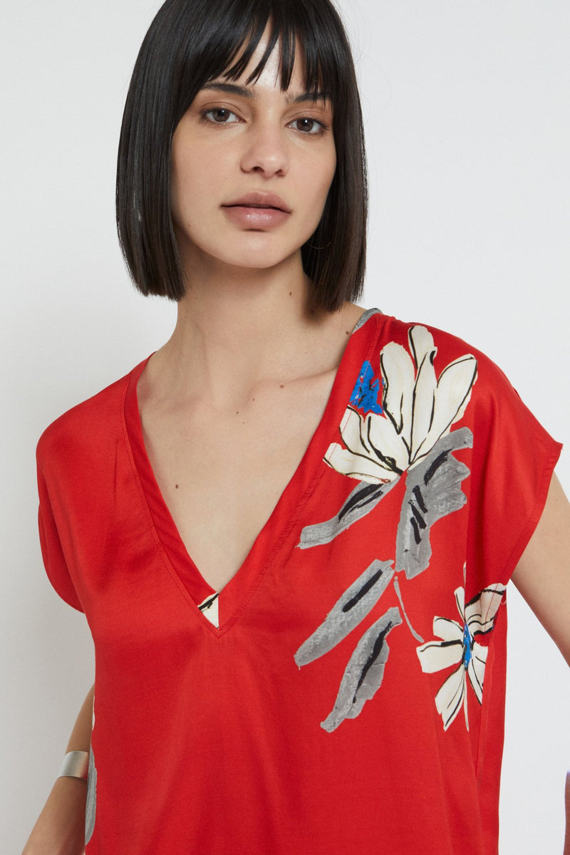 Floral Short Sleeve Viscose Blouse Red