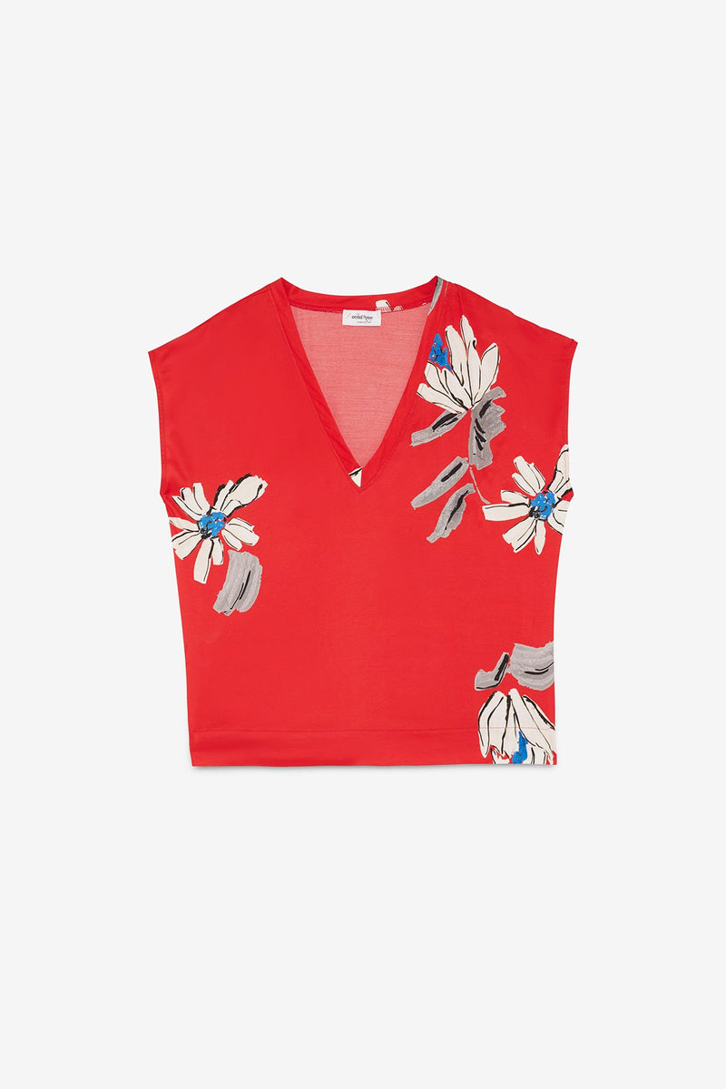 Floral Short Sleeve Viscose Blouse Red