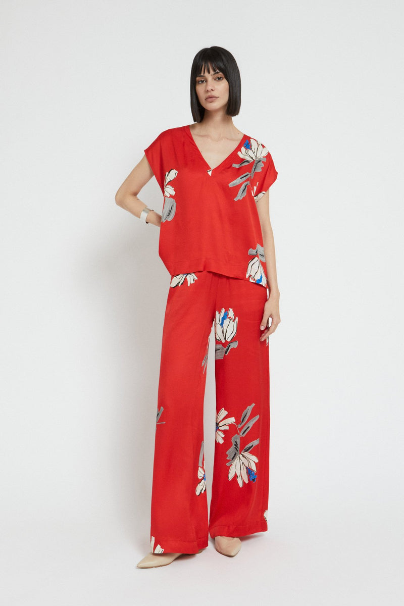 Floral Short Sleeve Viscose Blouse Red