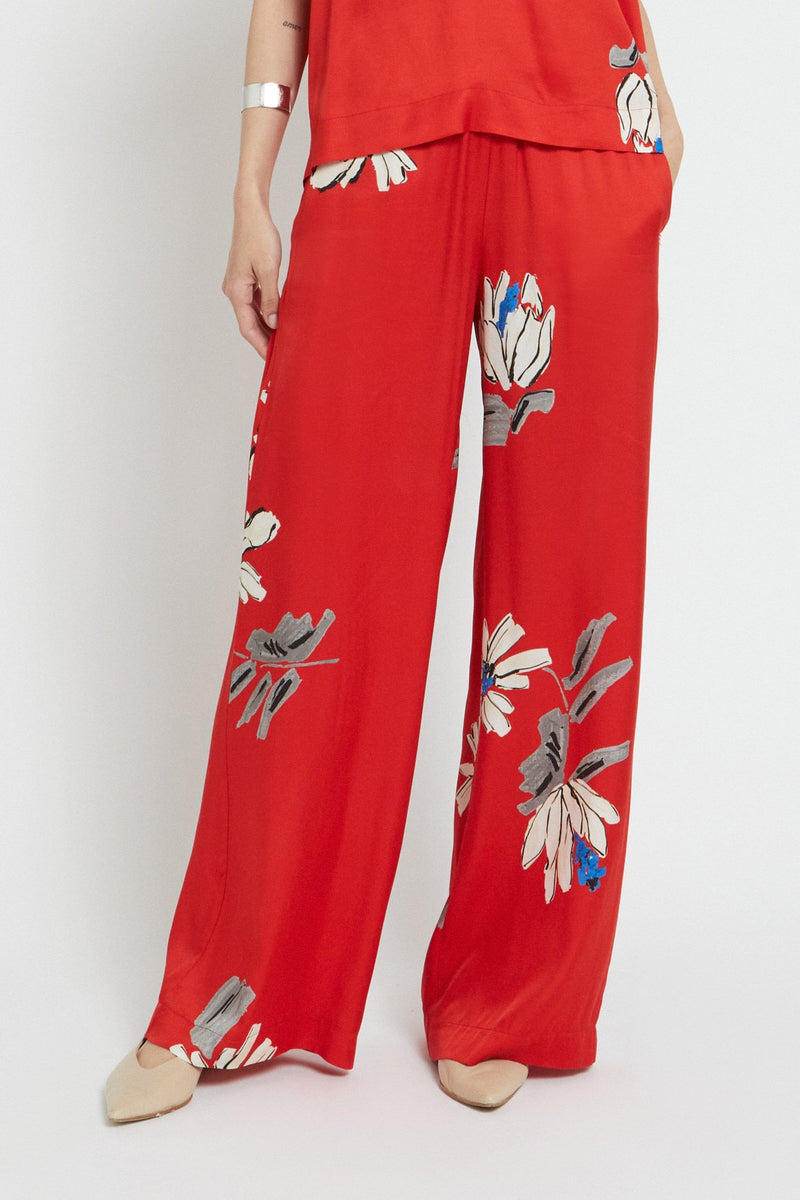 Floral Wide Leg Viscose Trousers Red