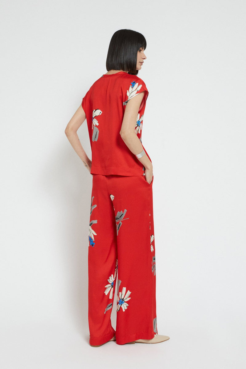 Floral Wide Leg Viscose Trousers Red