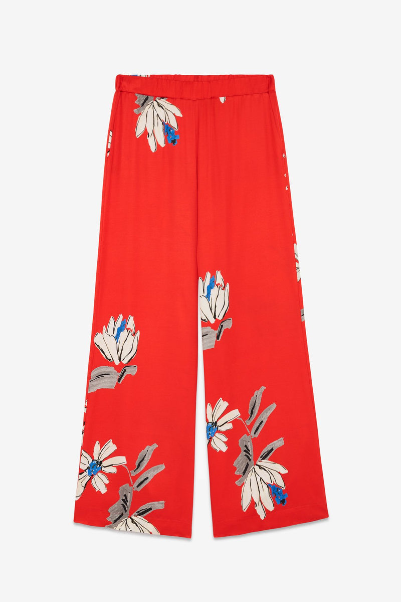 Floral Wide Leg Viscose Trousers Red