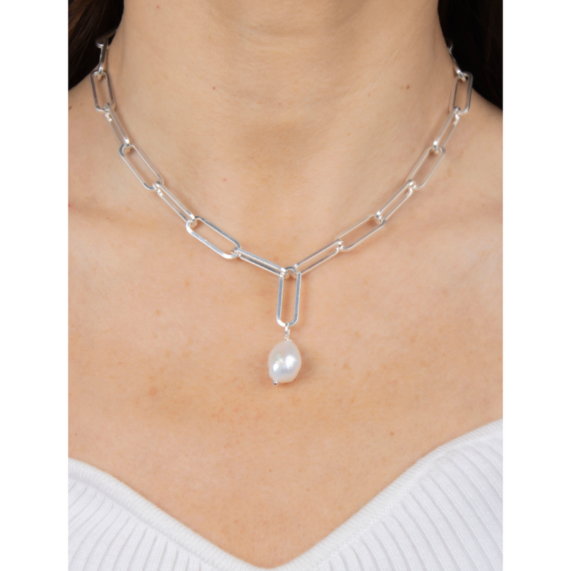 Hudson Pearl Paperlink Necklace Silver Plated