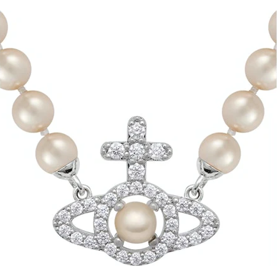 Olympia Pearl Necklace Platinum/Cream Rose Pearls/White CZ