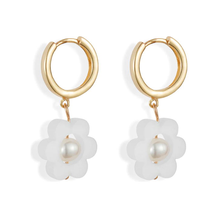 Flower Pearl Huggie Earrings White