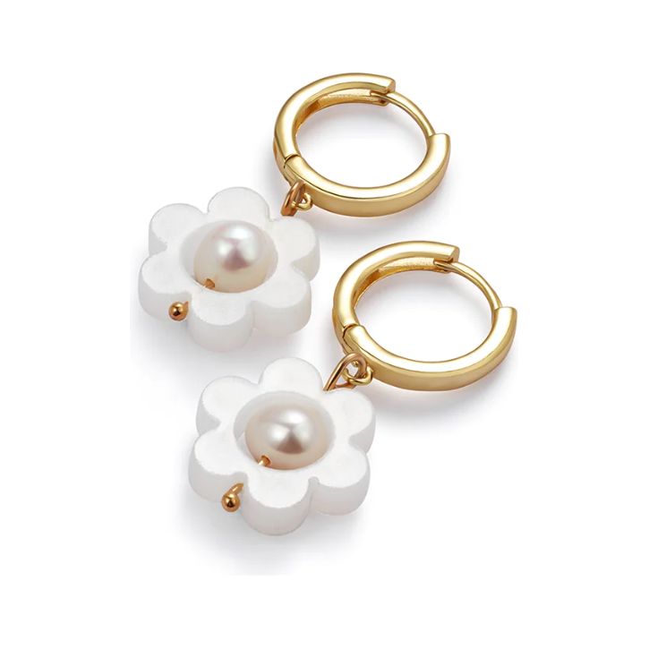 Flower Pearl Huggie Earrings White