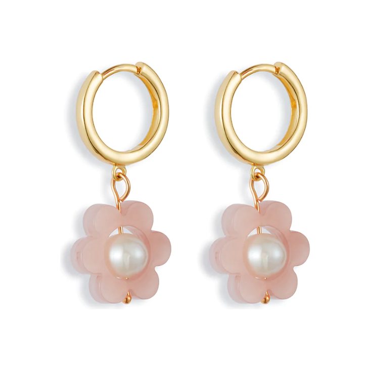 Flower Pearl Huggie Earrings Pale Pink