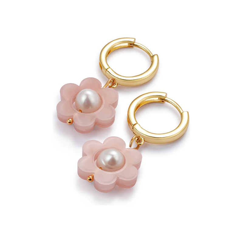 Flower Pearl Huggie Earrings Pale Pink