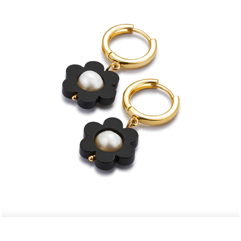 Flower Pearl Huggie Earrings Black