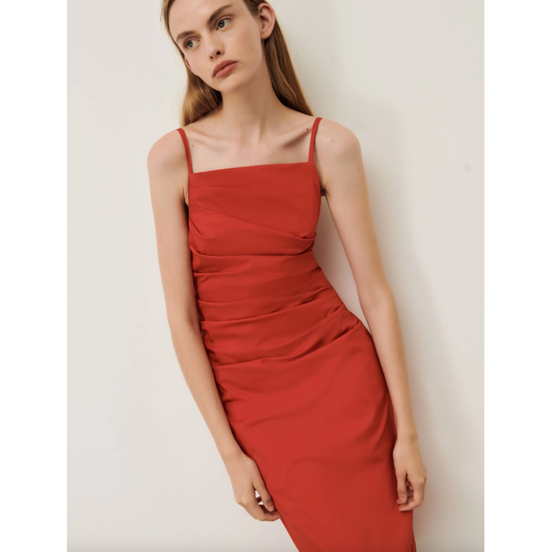 ROXS Strap Ruched Cotton Midi Dress Red