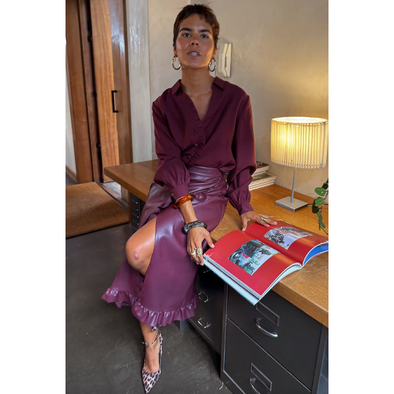 Vegan Leather Ruffle Jaspre Skirt Wine