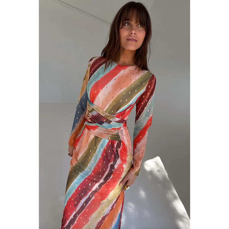 Sunset Stripe Mesh Midi Dress Multi