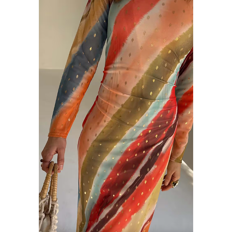 Sunset Stripe Mesh Midi Dress Multi