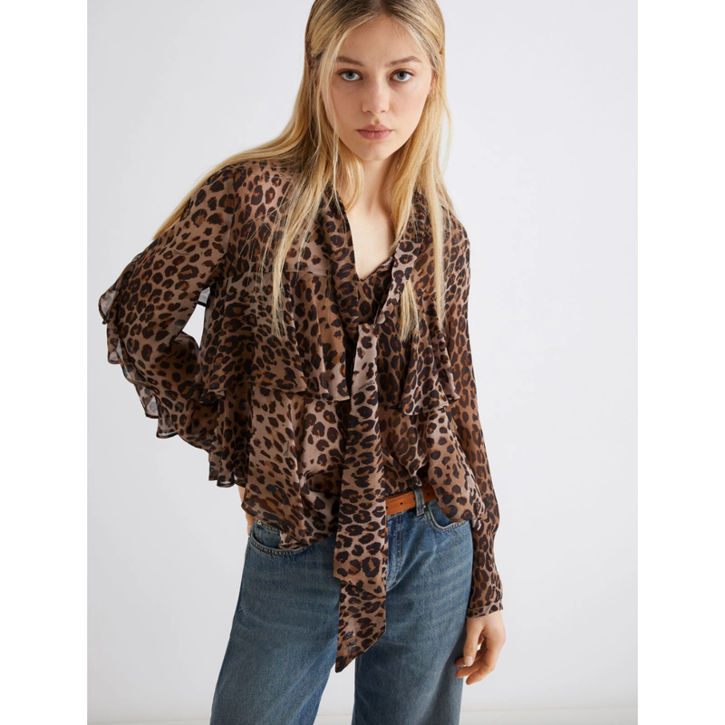 Gala Viscose Ruffle Shirt Leopard