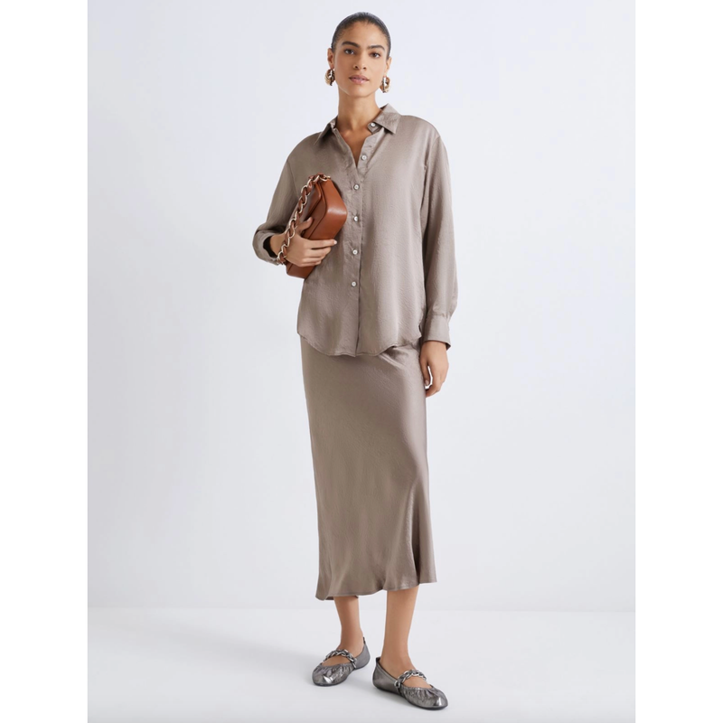 Allegra Crinkle Midi Slip Skirt Beige