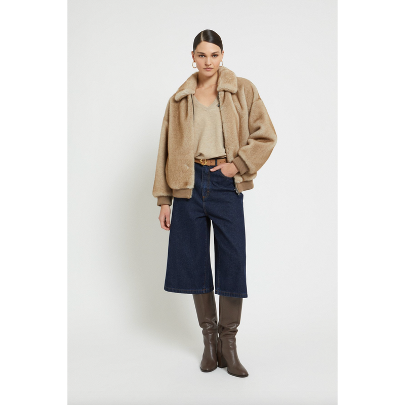 Faux Fur Bomber Jacket Brown