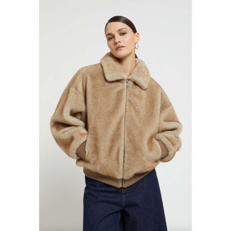 Faux Fur Bomber Jacket Brown