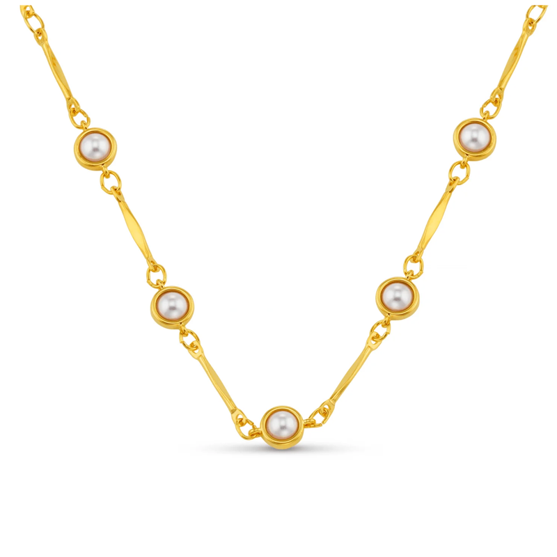 Bar Link & Stationed Pearl Necklace Gold Plated